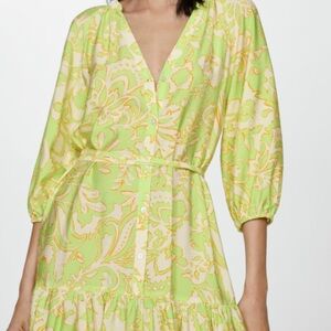 Mango Vibrant Green and Yellow Long Sleeve Dress